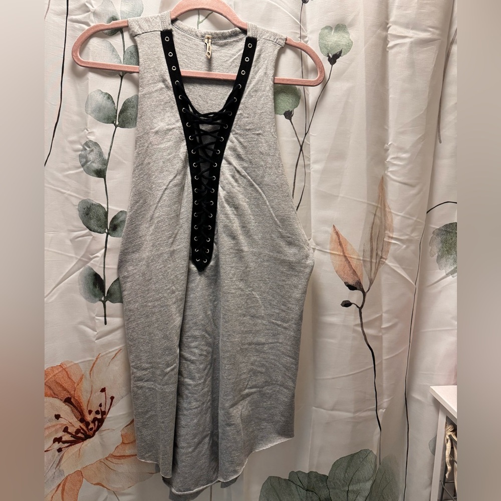 Gray Lace-Up Tank Top- tunic length.